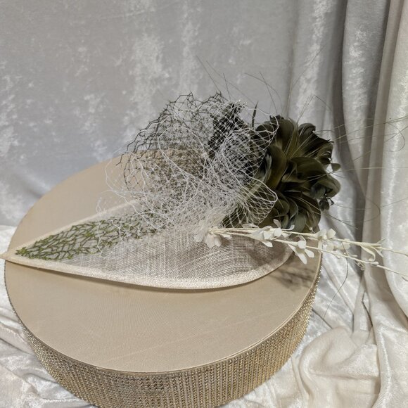 Ivory Fascinator with Olive Green & Ivory French Netting & Feathers main image 9